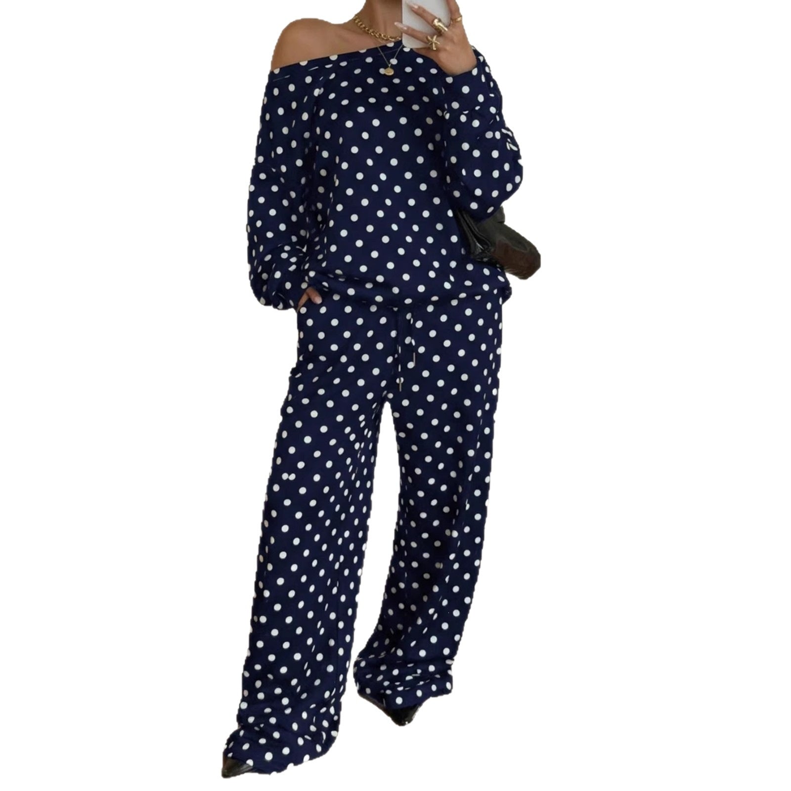 Women's Polka Dot Two-Piece Lounge Set with Wide Boat Neck and Loose Palazzo Pants Chichicherry