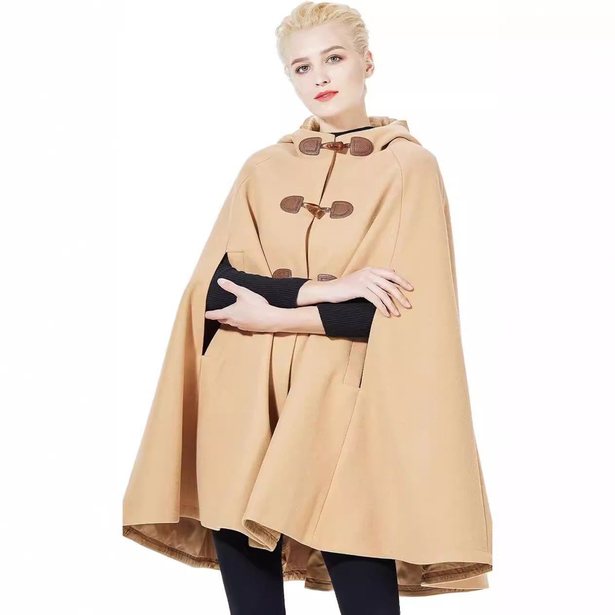 Women's Cape Coat with Hood and Toggle Closures Chichicherry