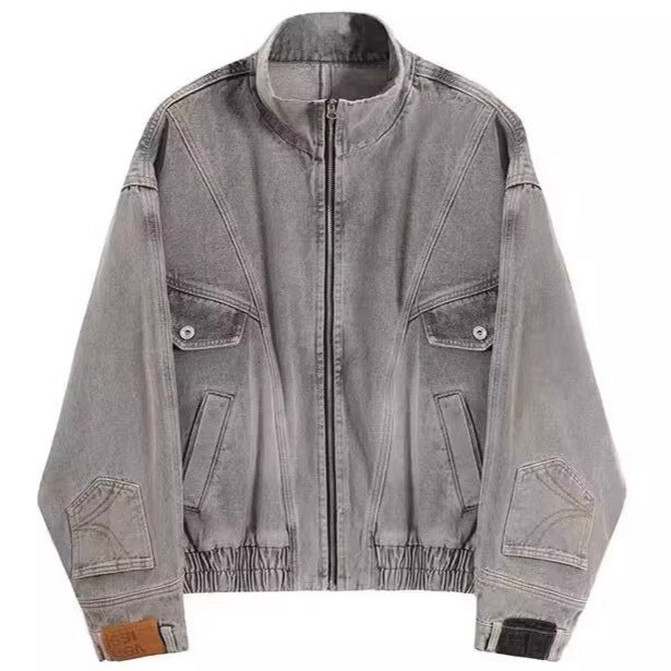 Damen Oversized Jeansjacke mit Stehkragen, Reißverschluss und elastischem Saum Chichicherry