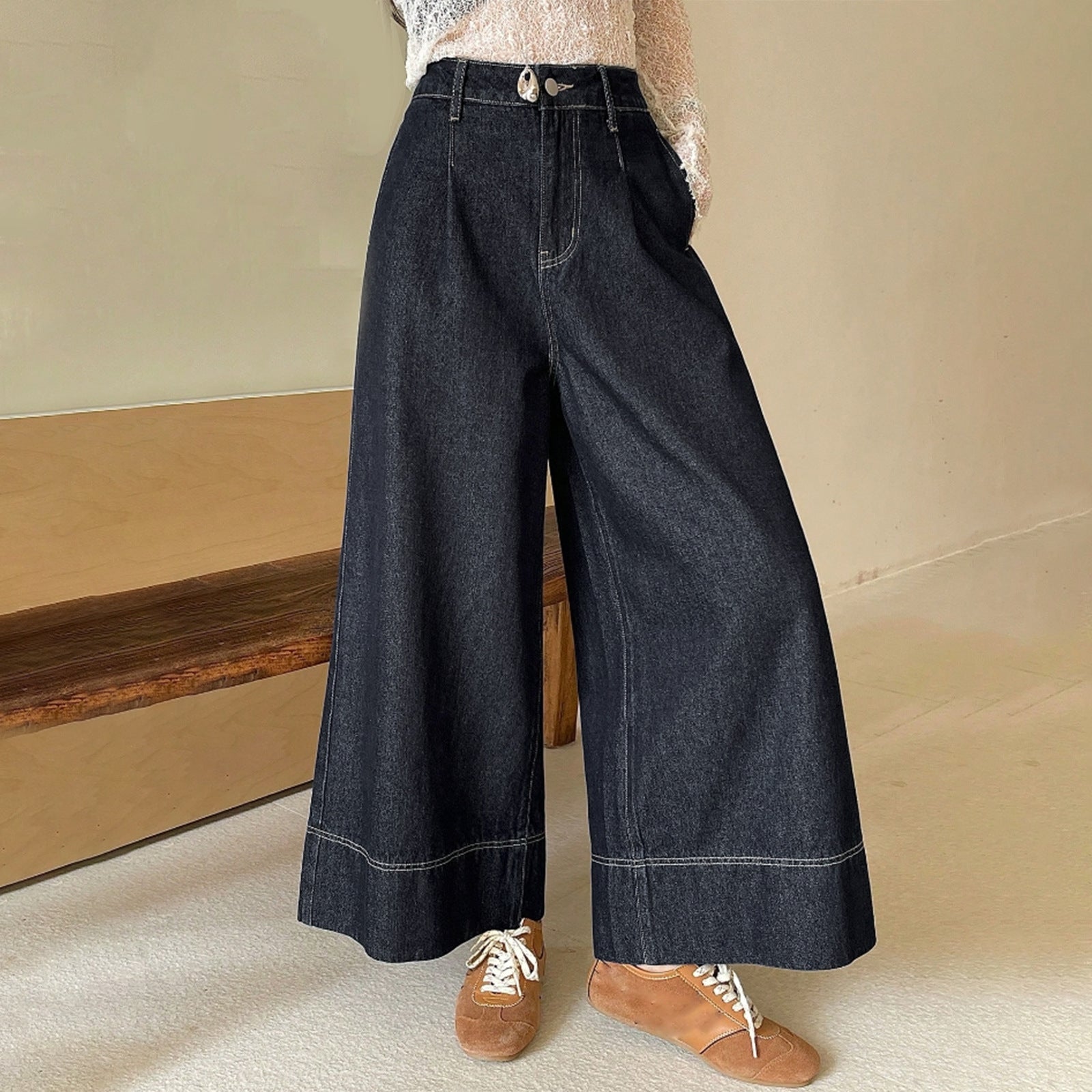 Women's High-Waist Culotte Jeans made of heavy Wide-Leg Denim with decorative front seam Chichicherry