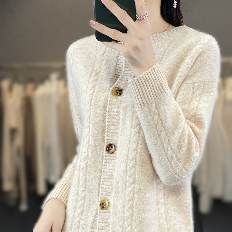 Women's Cashmere-like Cable Knit Cardigan with Round Neck and Horn Look Buttons Chichicherry