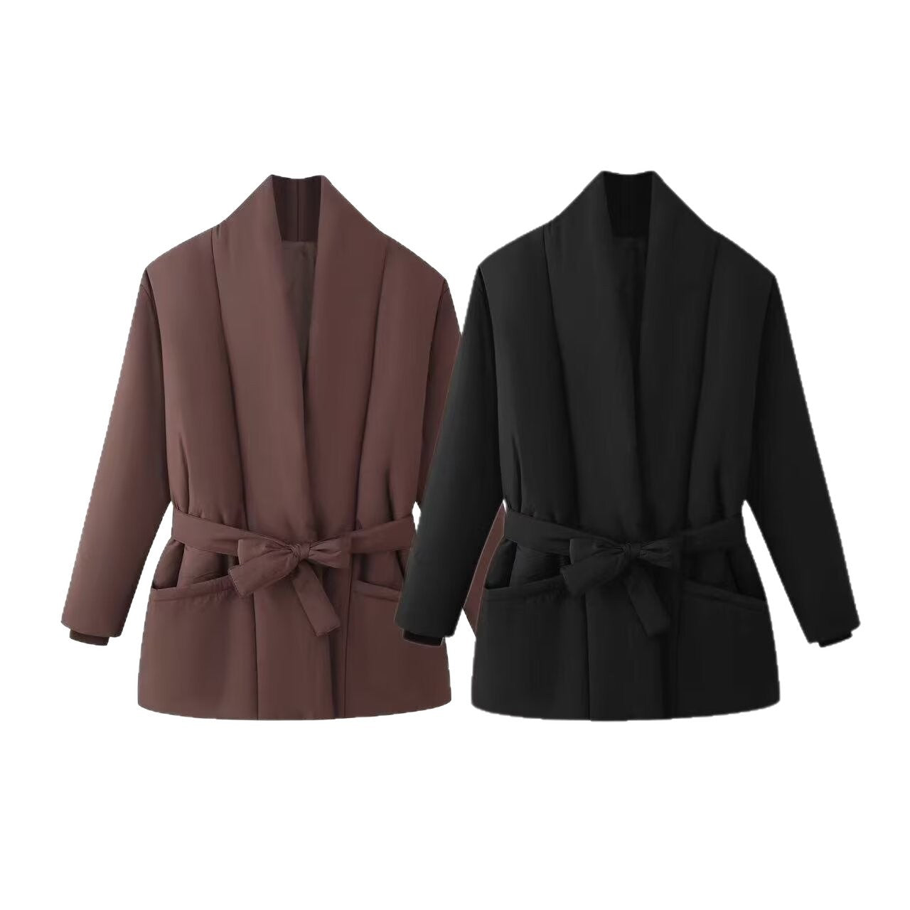 Women's Short Quilted Padded Jacket with Shawl Collar and Waist Belt Chichicherry