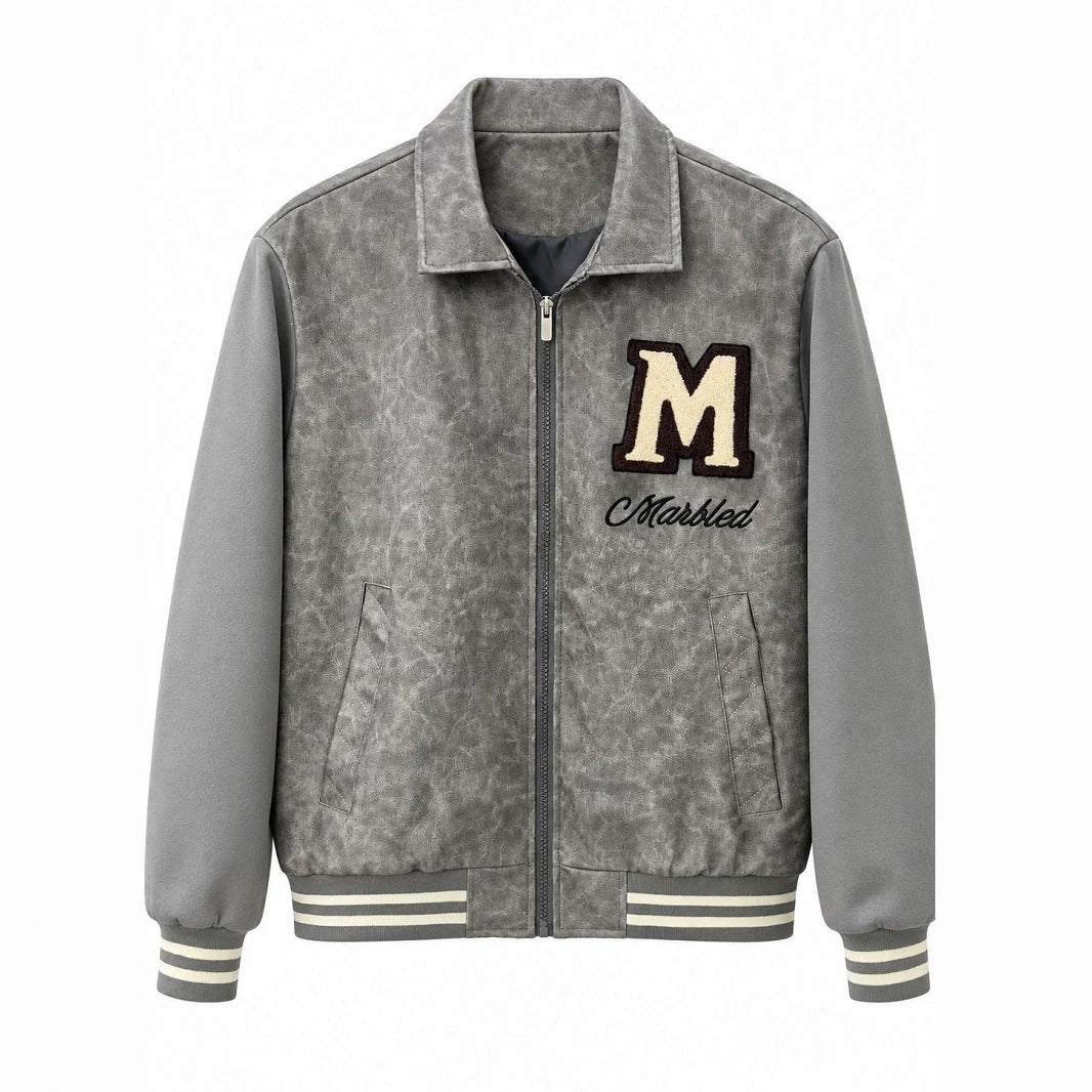 Men's Varsity Bomber Jacket in Vintage Leather Look with Chenille Emblem Chichicherry