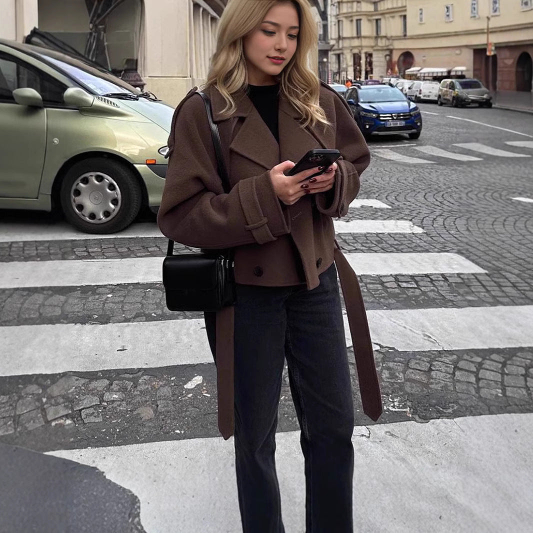 Women Short Wool Coat with Oversized Collar, Double-Breasted Button Placket and Tie Belt Chichicherry