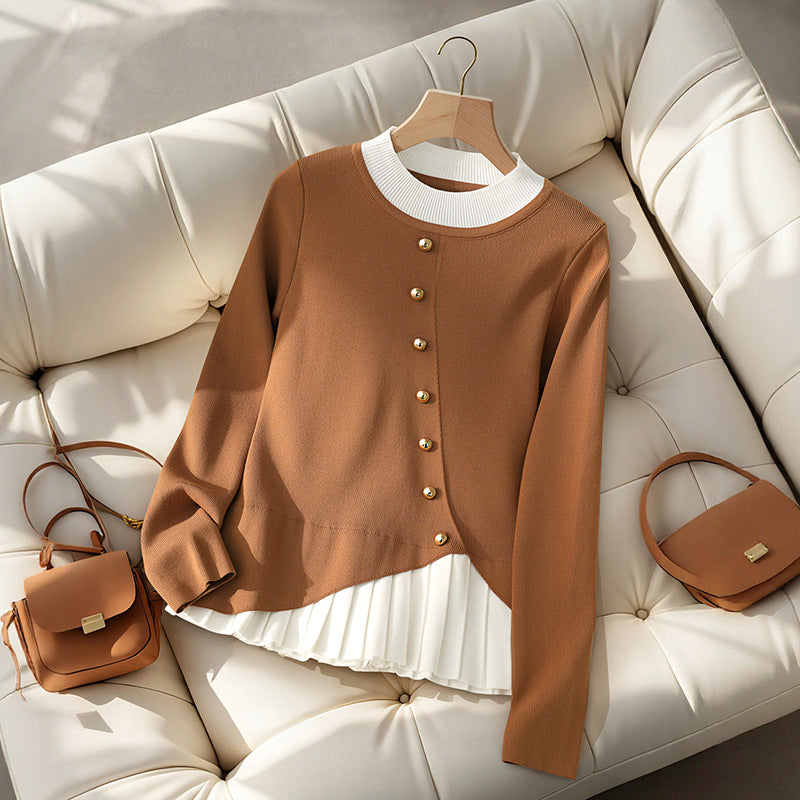 Women's fitted knitted blouse with asymmetrical button placket and pleated insert Chichicherry
