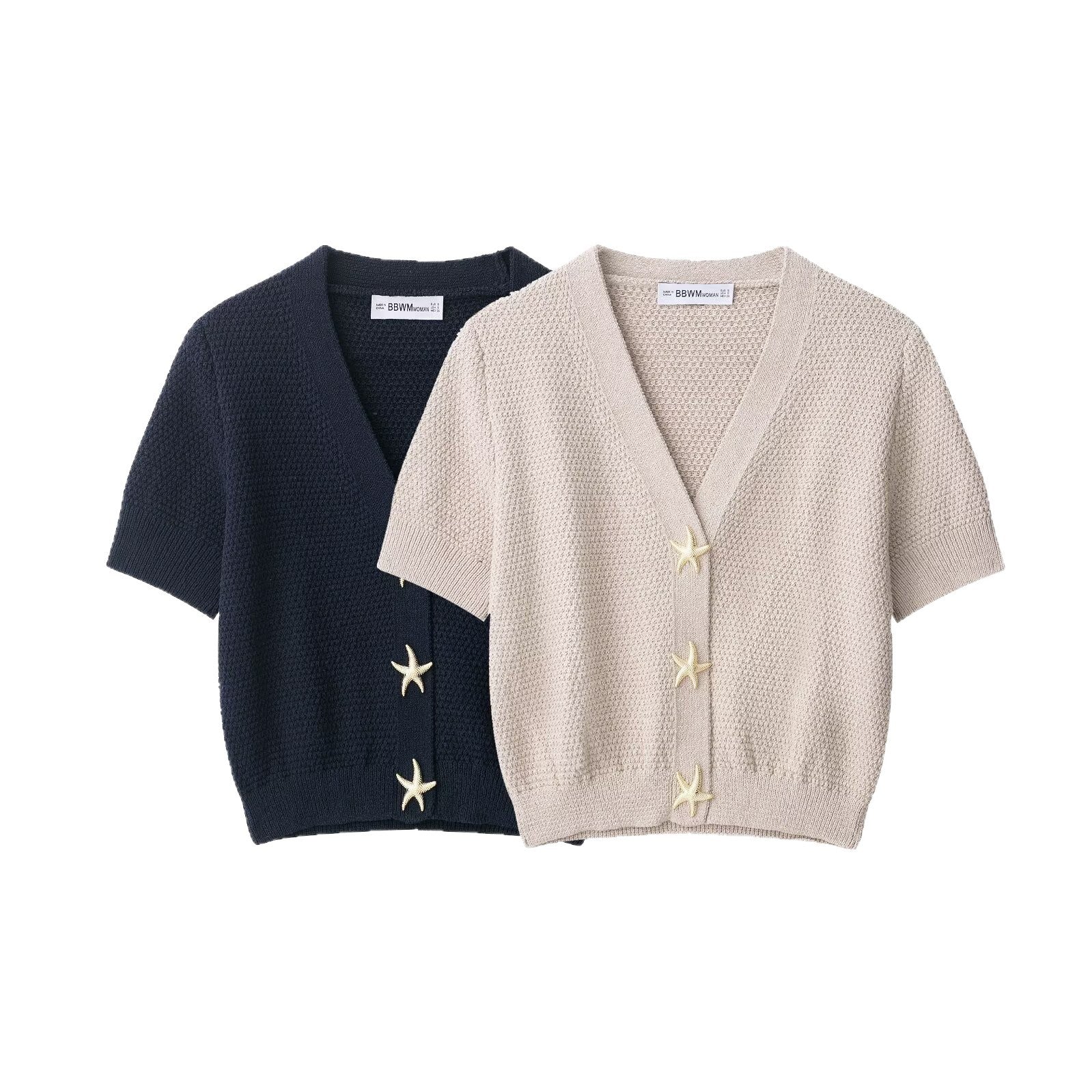 Women's Short-Sleeved Textured Knit Cardigan with V-Neck and Starfish Buttons Chichicherry