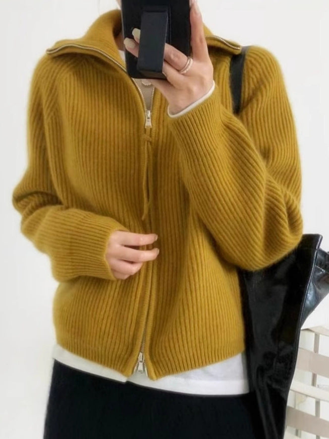 Women Oversized Cardigan with Zipper, Stand-Up Collar and Ribbed Structure Chichicherry