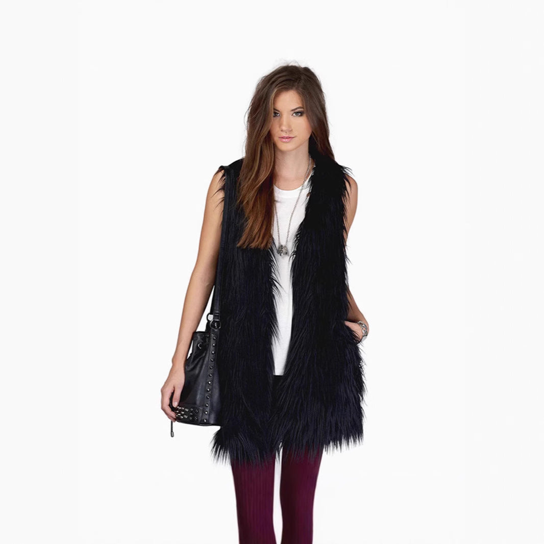 Ladies long sleeveless shaggy faux fur vest with concealing A-line and soft high-pile chichicherry
