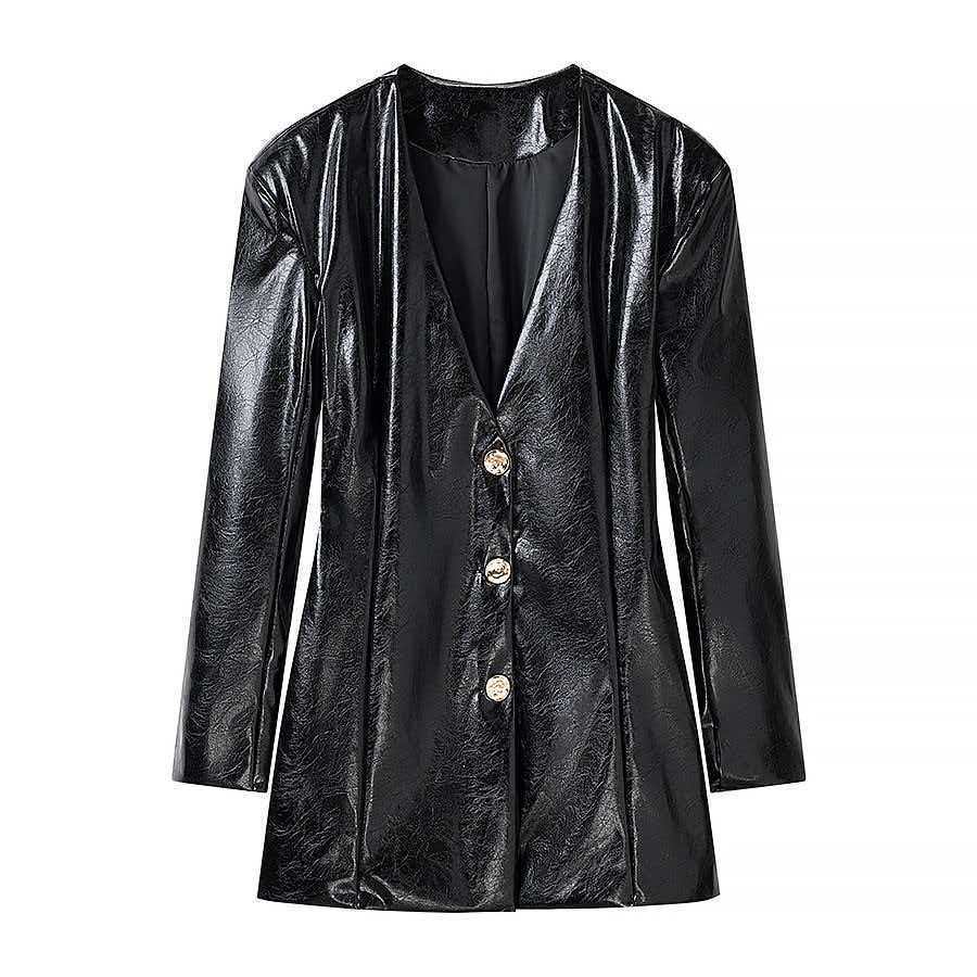 Ladies Long Patent Leather Blazer with Tailored Silhouette, Deep V-Neck and Decorative Buttons Chichicherry