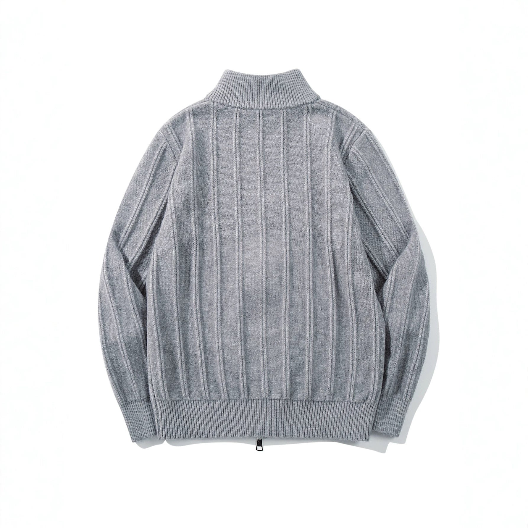 Unisex Gathered Knit Zip Jacket with High Stand-up Collar and Vertical Structure Chichicherry