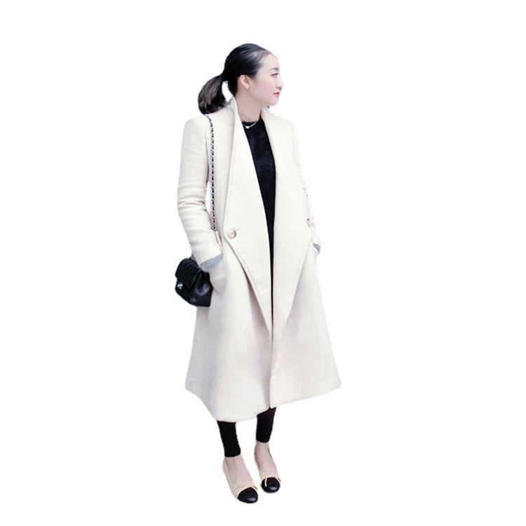Women's midi-length tailored wool blend long coat with shawl collar, inset pockets, and discreet decorative buttons Chichicherry
