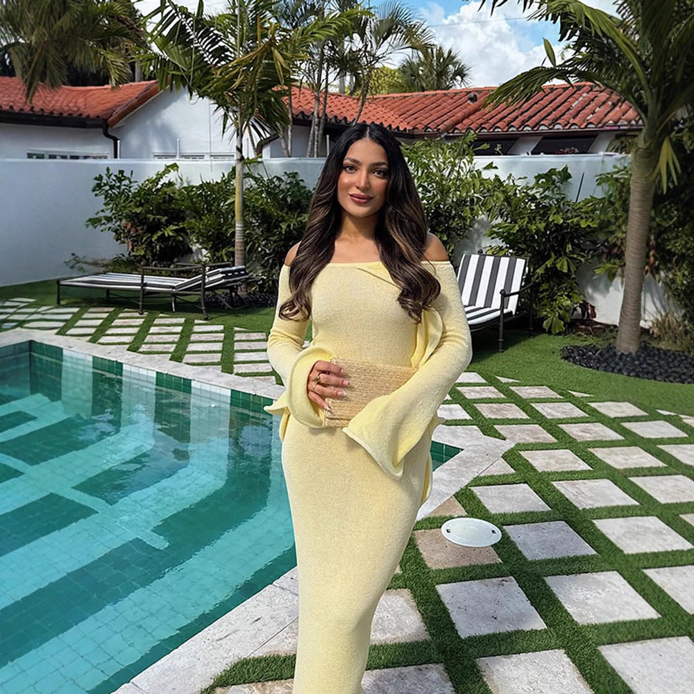 Women's Figure-Hugging Knit Maxi Dress with Off-the-Shoulder Neckline and Flared Sleeves Chichicherry