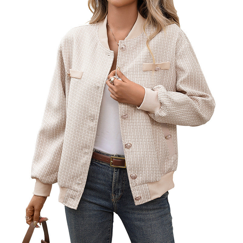 Ladies Elegant Tweed Bomber Jacket with Ribbed Cuffs and Decorative Buttons Chichicherry