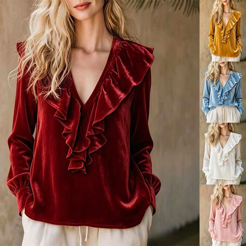 Women Ruffled V-Neck Blouse made of Chiffon with Ruffled Collar and Elastic Cuffs Chichicherry