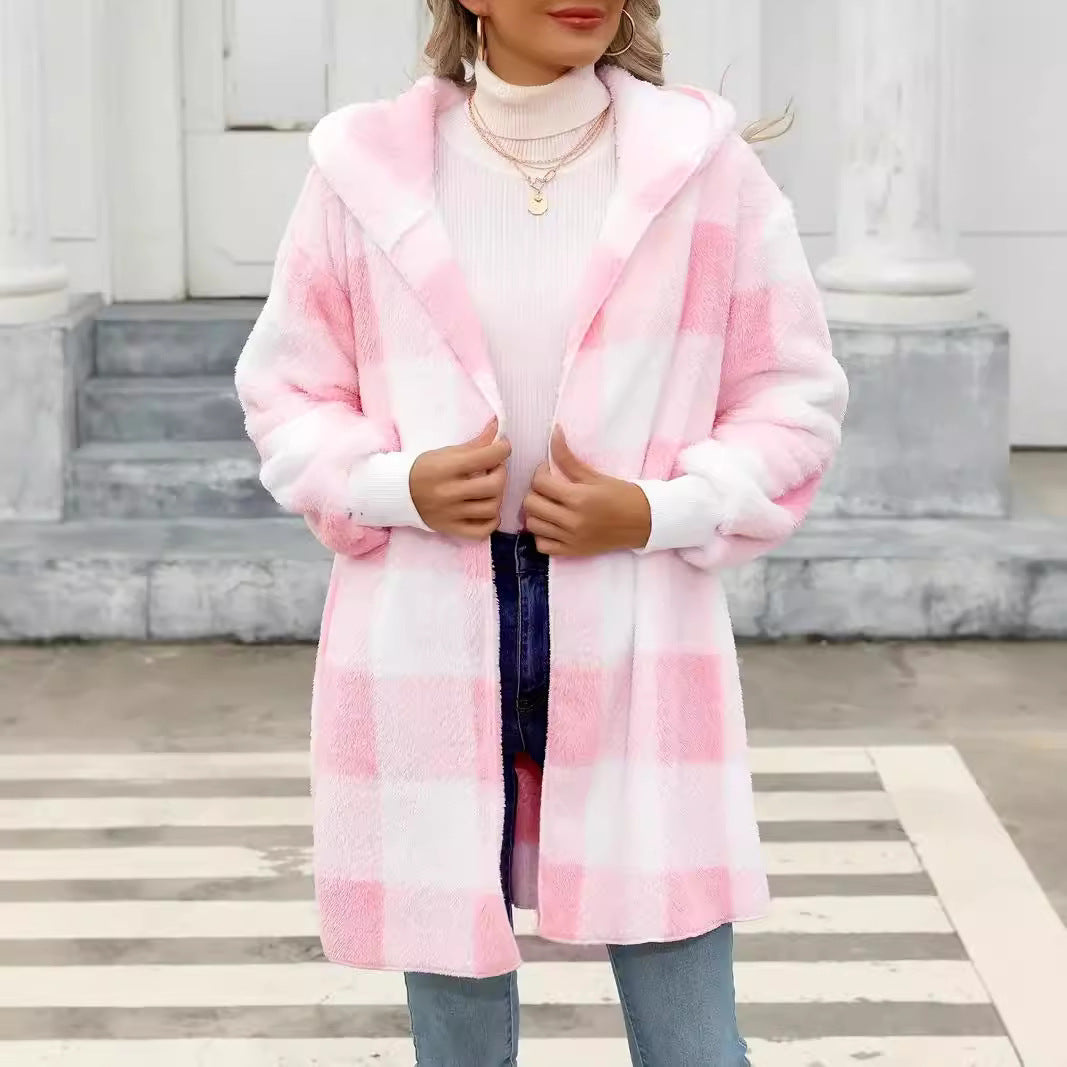 Women Oversize Checked Teddy Coat with Hood and Side Pockets Chichicherry