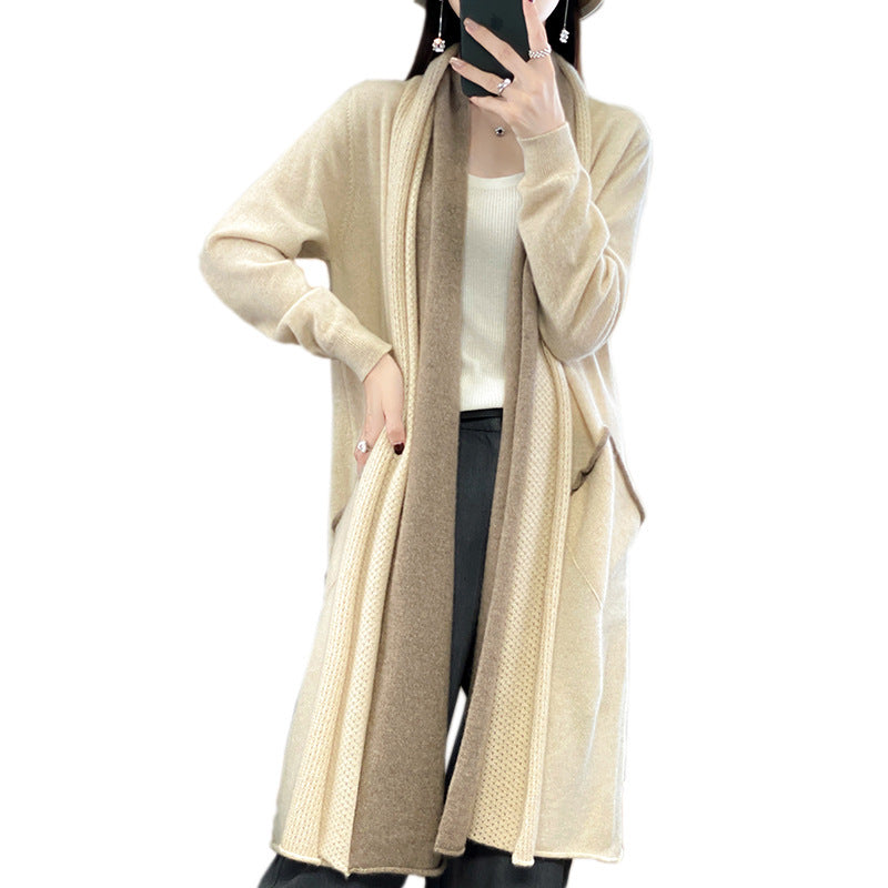 Ladies longer open cardigan in cashmere-look with shawl collar and patch pockets Chichicherry