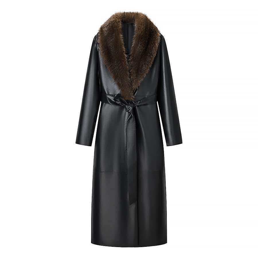 Women Long Leather Coat with Removable Fur Collar and Minimalist Silhouette Chichicherry