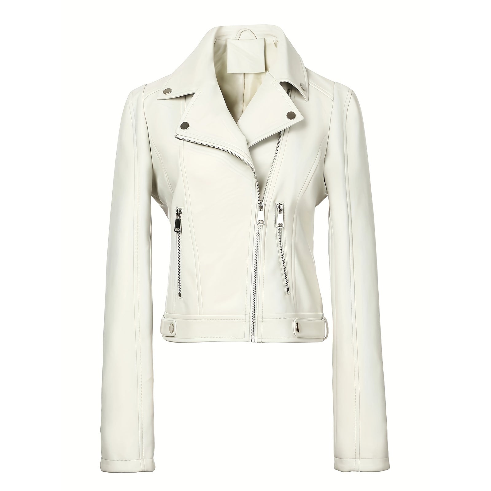 Women Tailored Biker Jacket in Leather Look with Asymmetrical Zipper and Decorative Seams Chichicherry