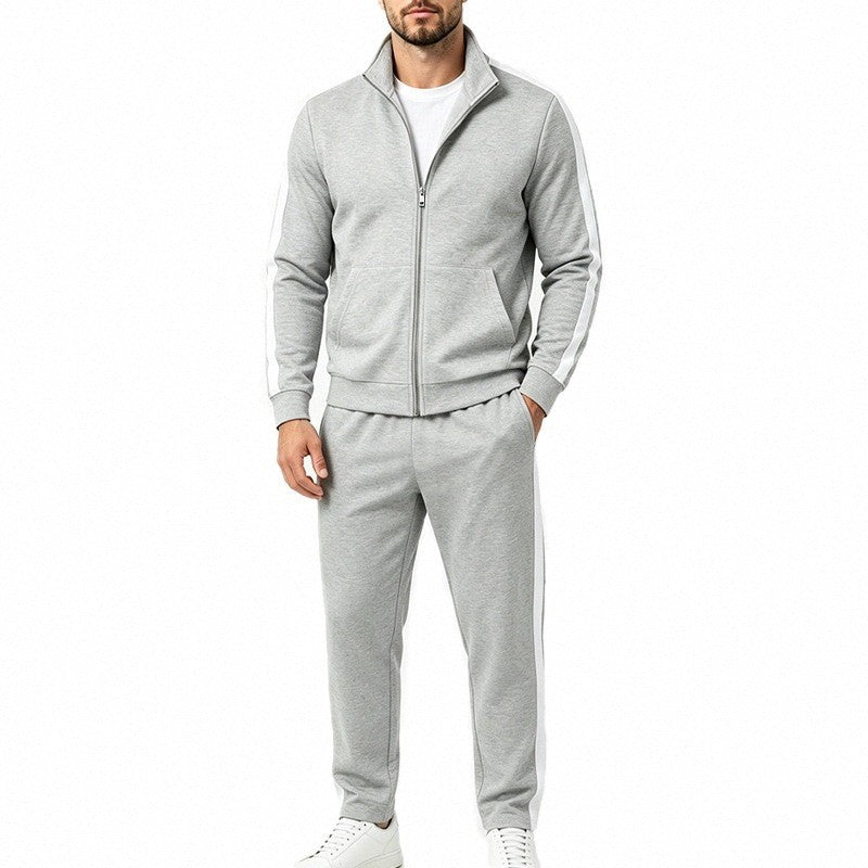 Men's tracksuit set made of French terry with stand-up collar, side stripes, and zip-up jacket Chichicherry