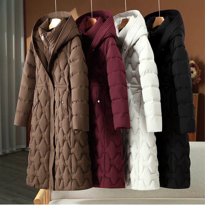 Women's longer quilted coat with honeycomb quilt, hood and tailored A-line Chichicherry