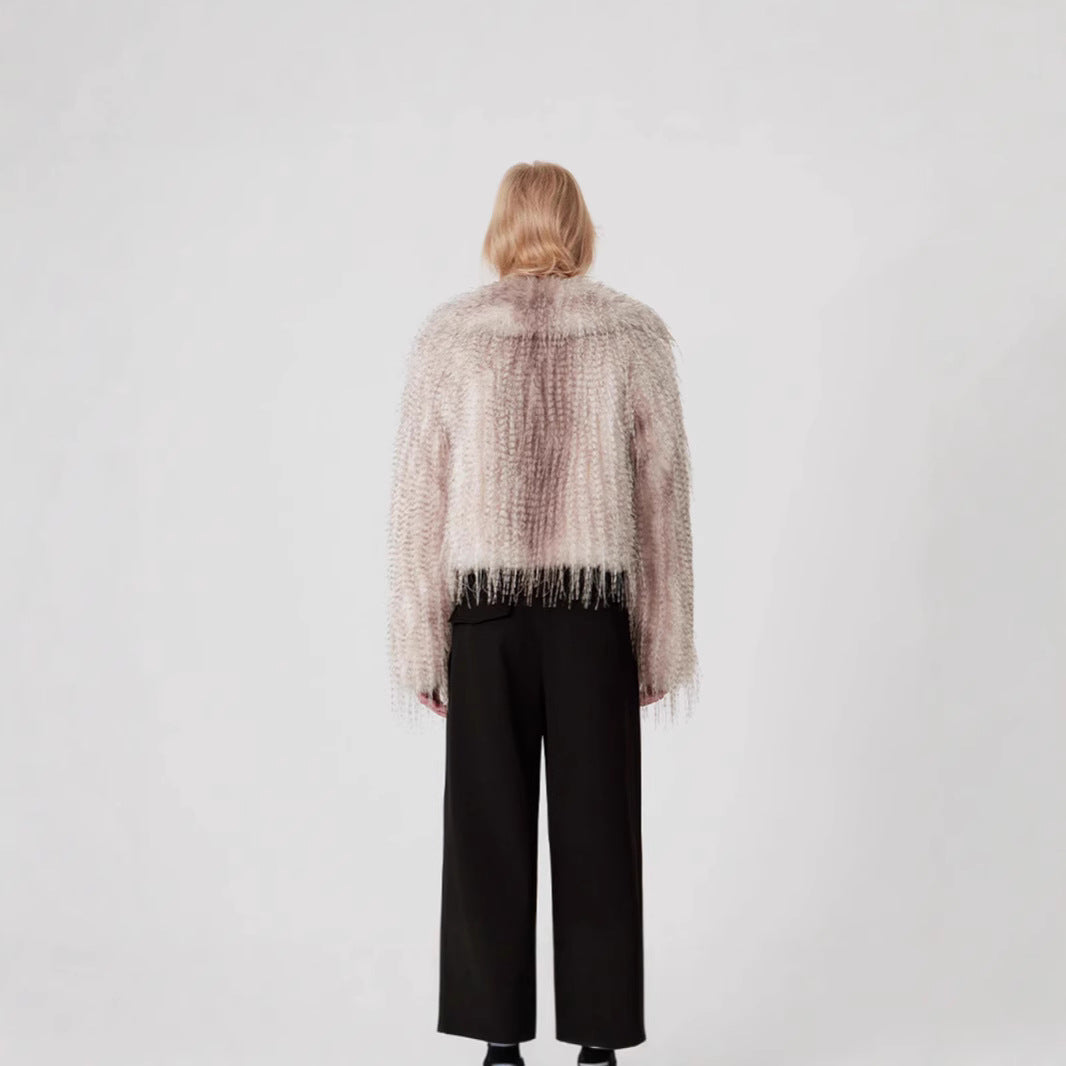 Women short-cut faux fur jacket with striped high-pile texture and notched collar Chichicherry