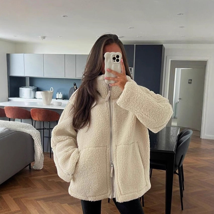 Damen Oversize Teddy-Fleece Jacke mit Reißverschluss und Stehkragen Chichicherry