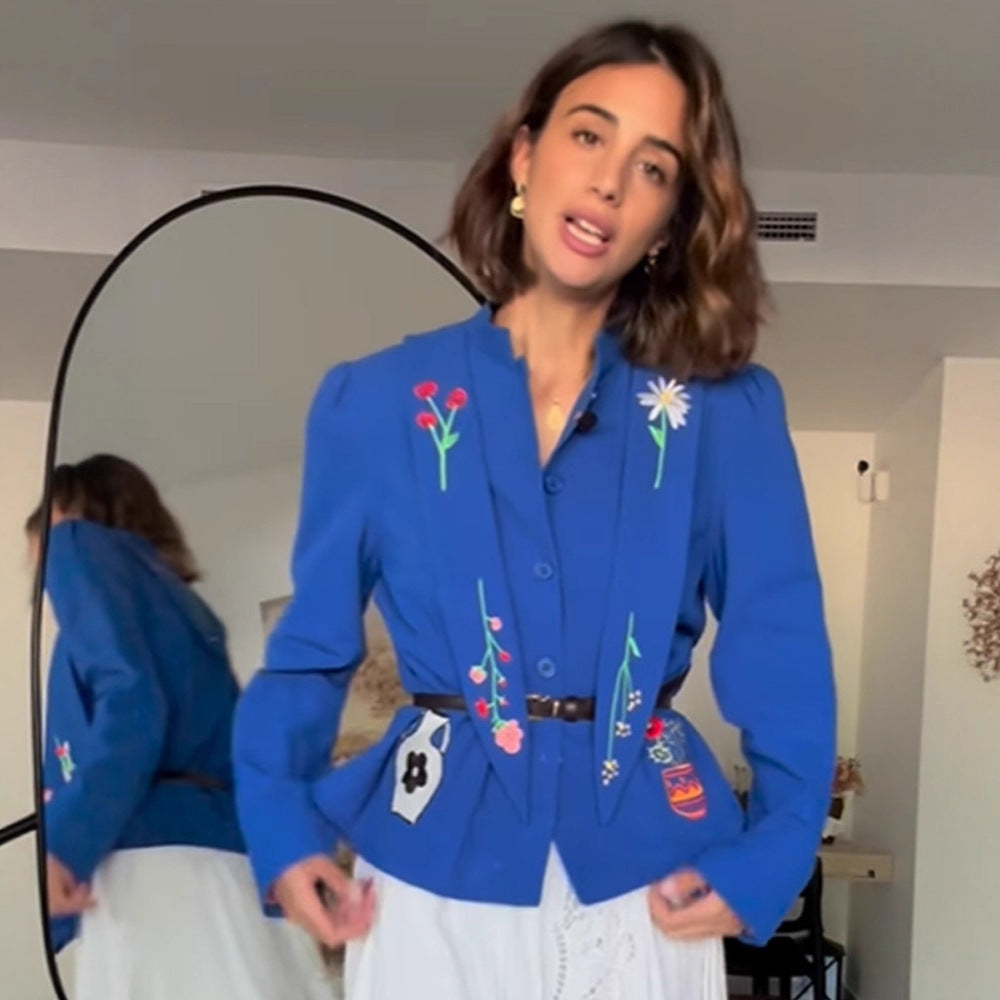 Women Embroidered Tailored Short Jacket with Peplum and Belt Chichicherry