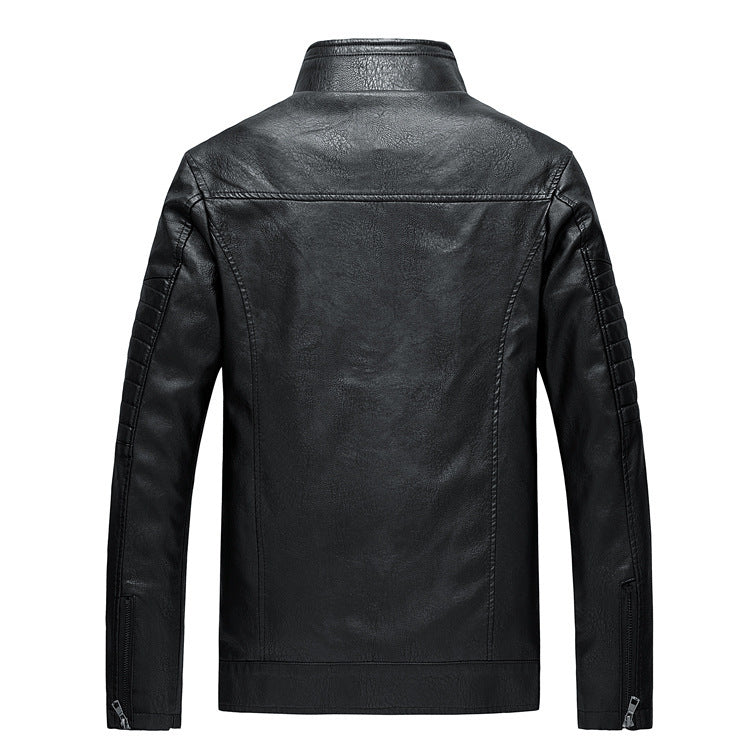 Men's Slim-Fit Faux Leather Moto Jacket with Stand-Up Collar and Quilted Sleeve Yoke Chichicherry