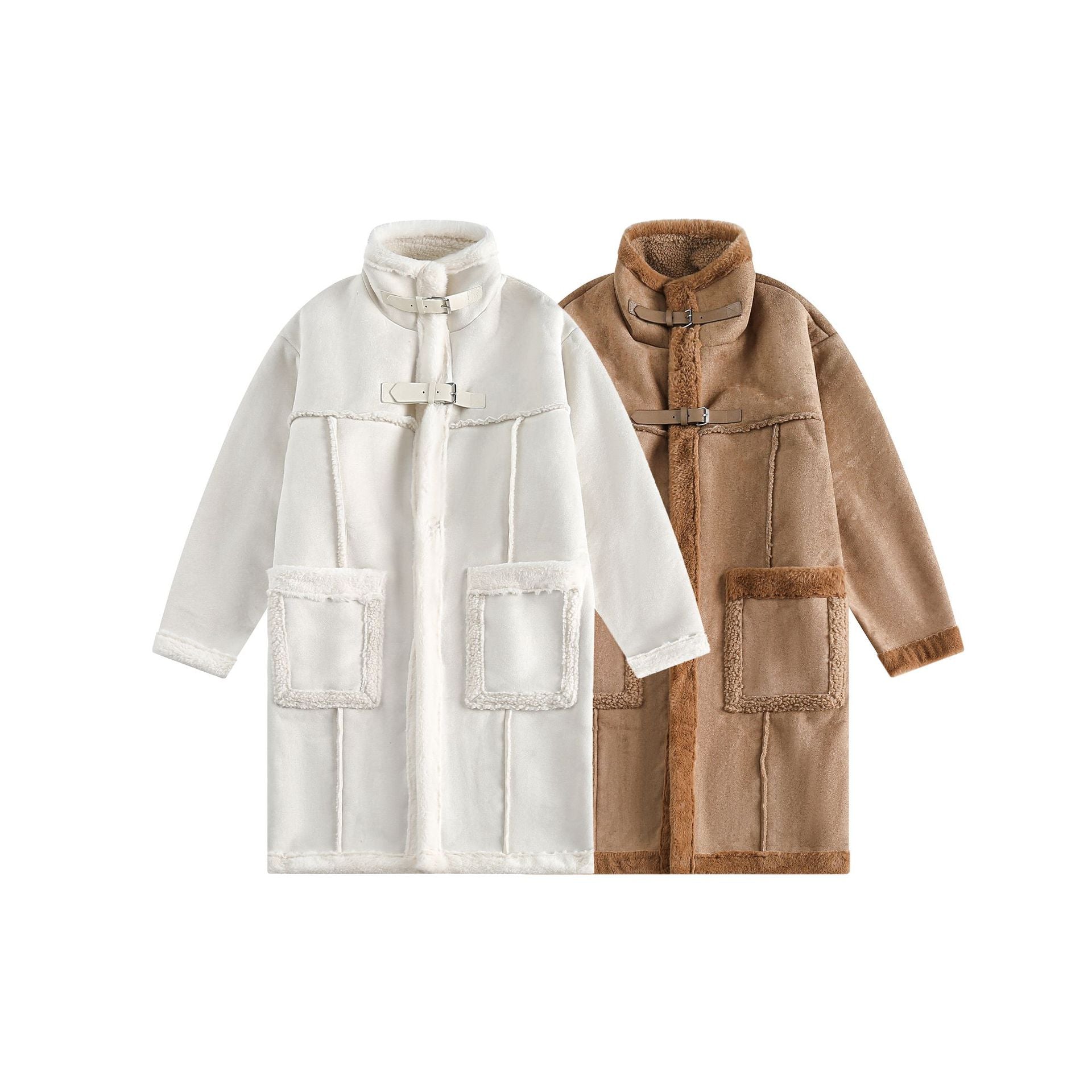 Women Long Oversize Sheepskin Imitation Coat with Stand-up Collar and Buckle Closure Chichicherry