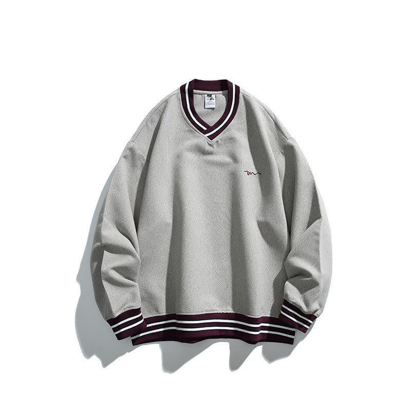 Men's Oversized V-Neck Sweatshirt with Contrast Stripes at Cuffs and Hem Chichicherry