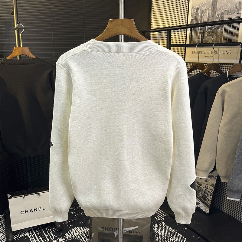Herren Strick-Cardigan mit V‑Ausschnitt und dekorativen Puzzle‑Applikationen Chichicherry