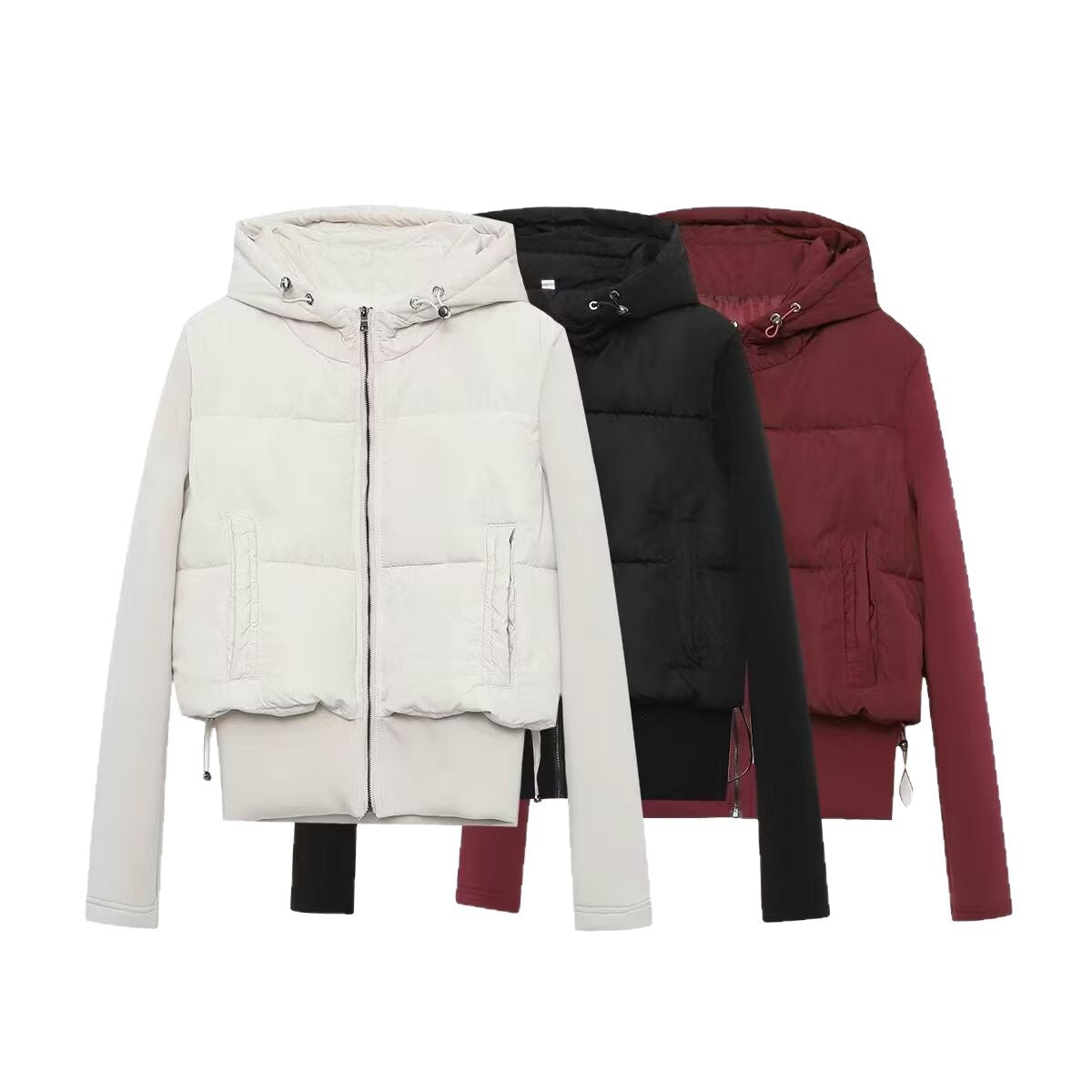 Women's short cut hybrid padded jacket with hood, ribbed cuffs and drawstring Chichicherry