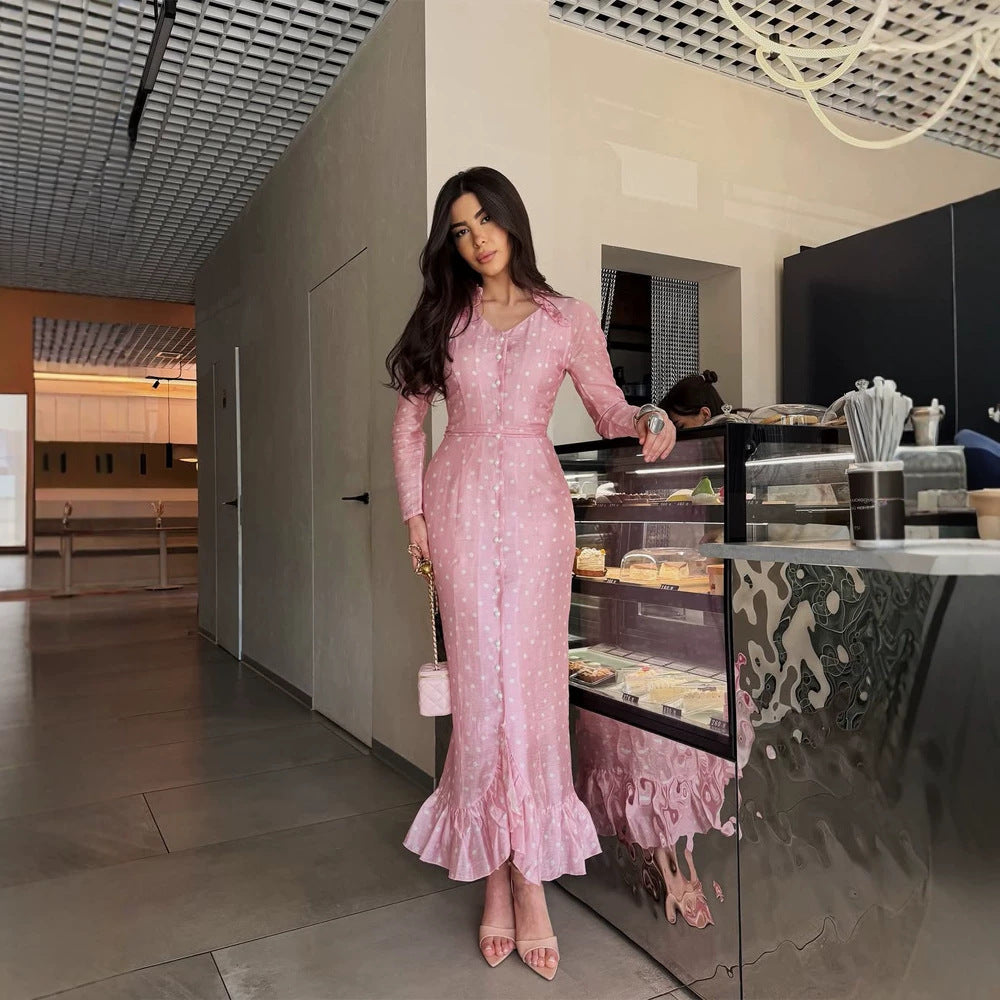 Women Elegant Maxi Dress with Continuous Button Placket, Tailored Silhouette and Ruffle Hem Chichicherry