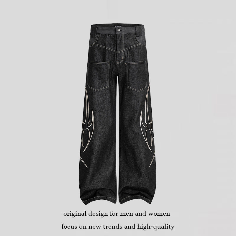 Women's Loose High-Waist Denim Cargo Pants with Flame Embroidery and Patch Pockets Chichicherry