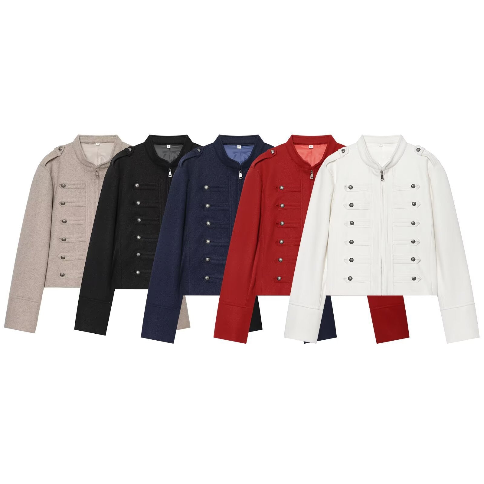 Women's Military Inspired Cropped Wool Blend Jacket with Decorative Button Placket and Stand-Up Collar Chichicherry