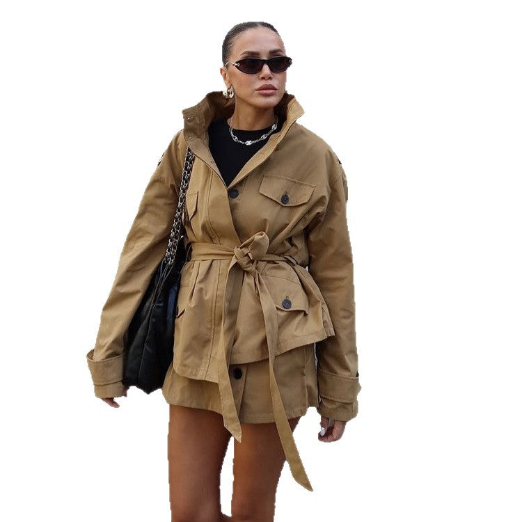 Women's Tailored Utility Jacket with Tie Belt, High Stand Collar and Flap Pockets Chichicherry