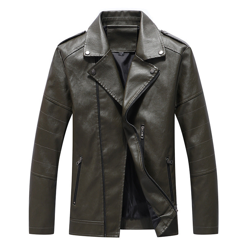 Men's Slim Fit Faux Leather Biker Jacket with Quilted Arm Panels and Lapel Collar Chichicherry