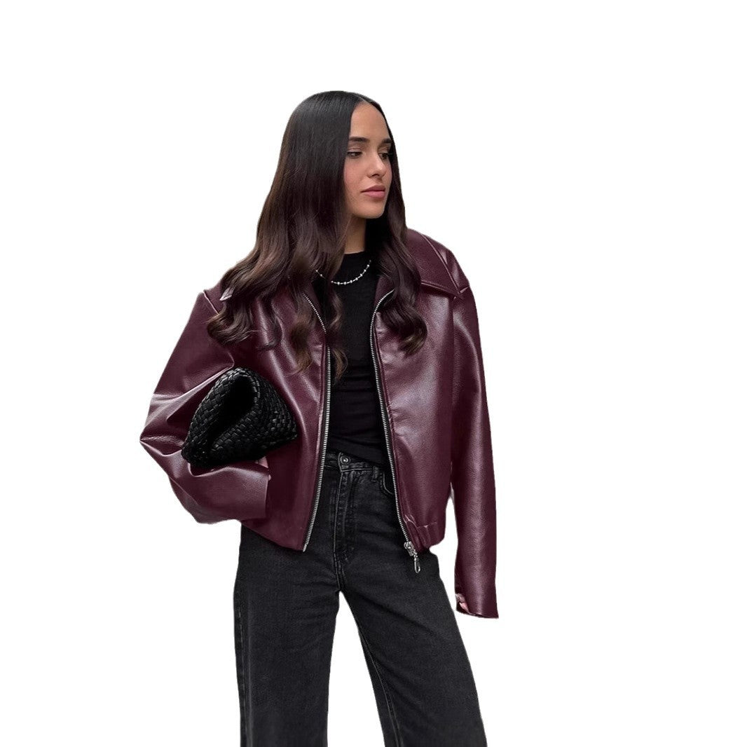 Women's Short Oversized Faux Leather Jacket with Shirt Collar and Elastic Hem Chichicherry