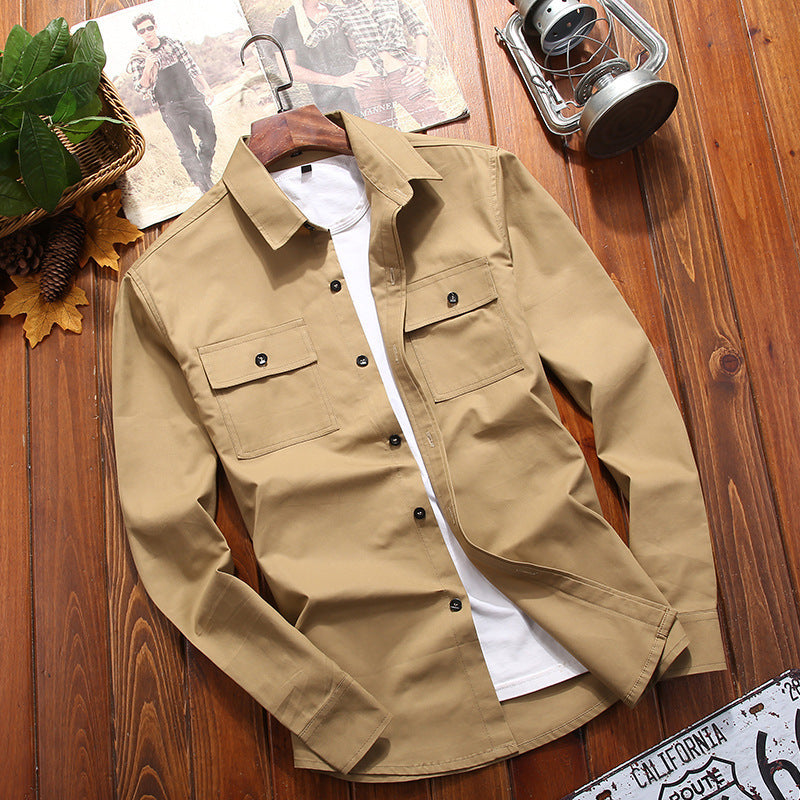 Men's Cotton Utility Shirt Jacket with Chest Flap Pockets and Shirt Collar Chichicherry