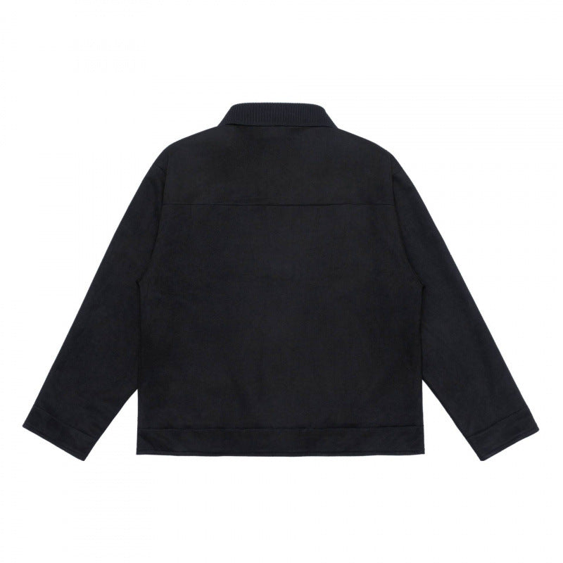 Unisex Boxy Transitional Jacket with Velvet Texture, Shirt Collar and Diagonal Insert Pockets Chichicherry