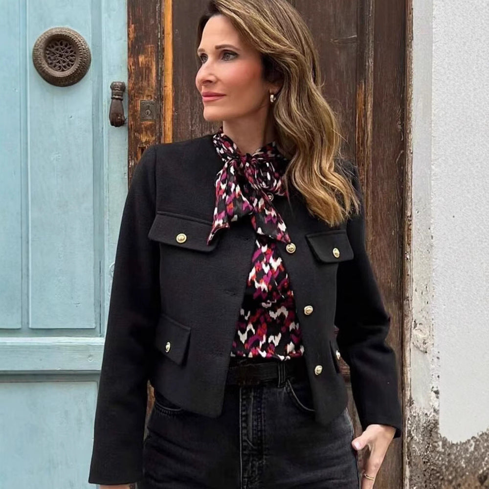 Women Short Boucle Blazer Jacket with Round Neck, Decorative Pocket Flaps, and Gold-Colored Buttons Chichicherry