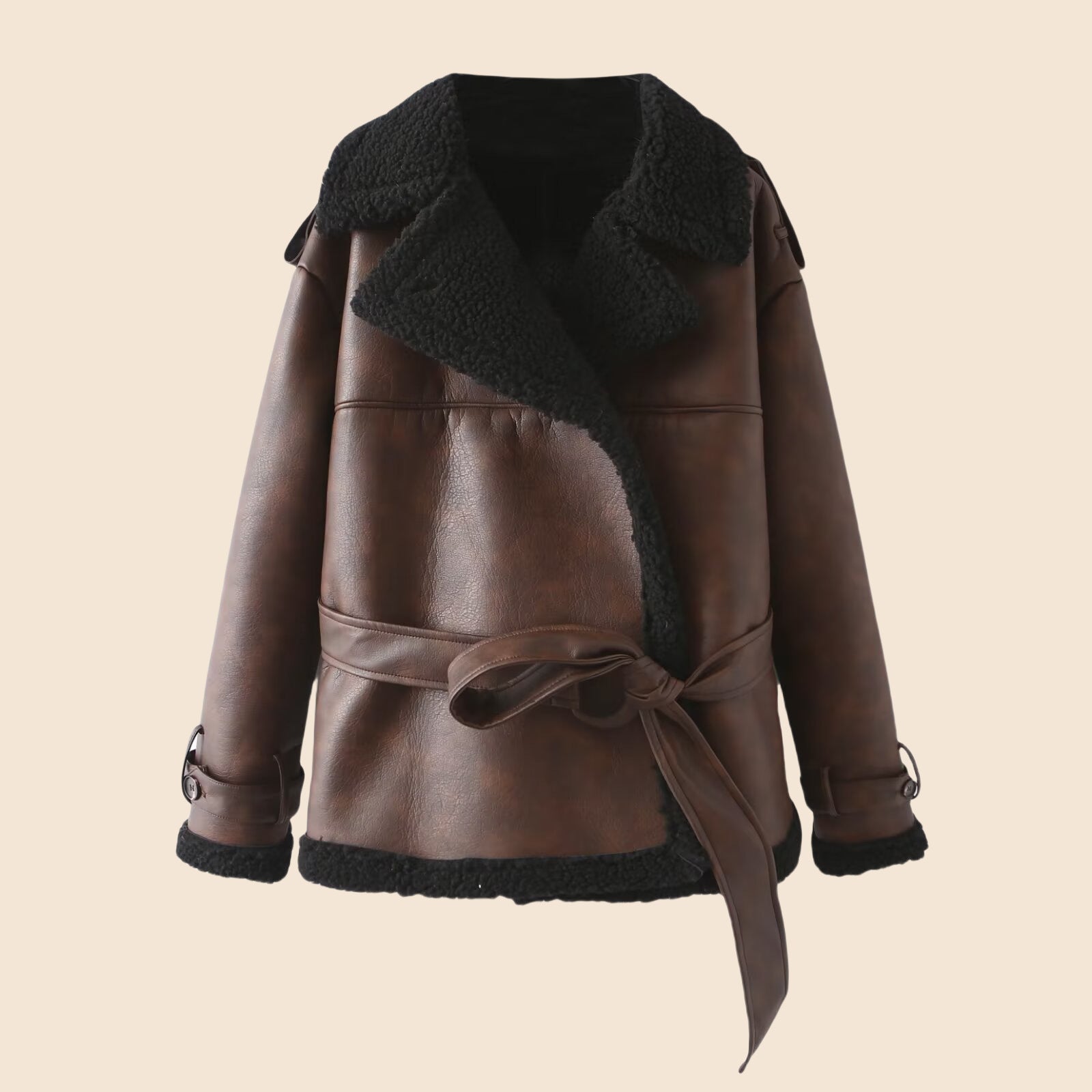 Women Tailored Aviator Coat made of Faux Leather with Teddy Lining and Tied Belt Chichicherry