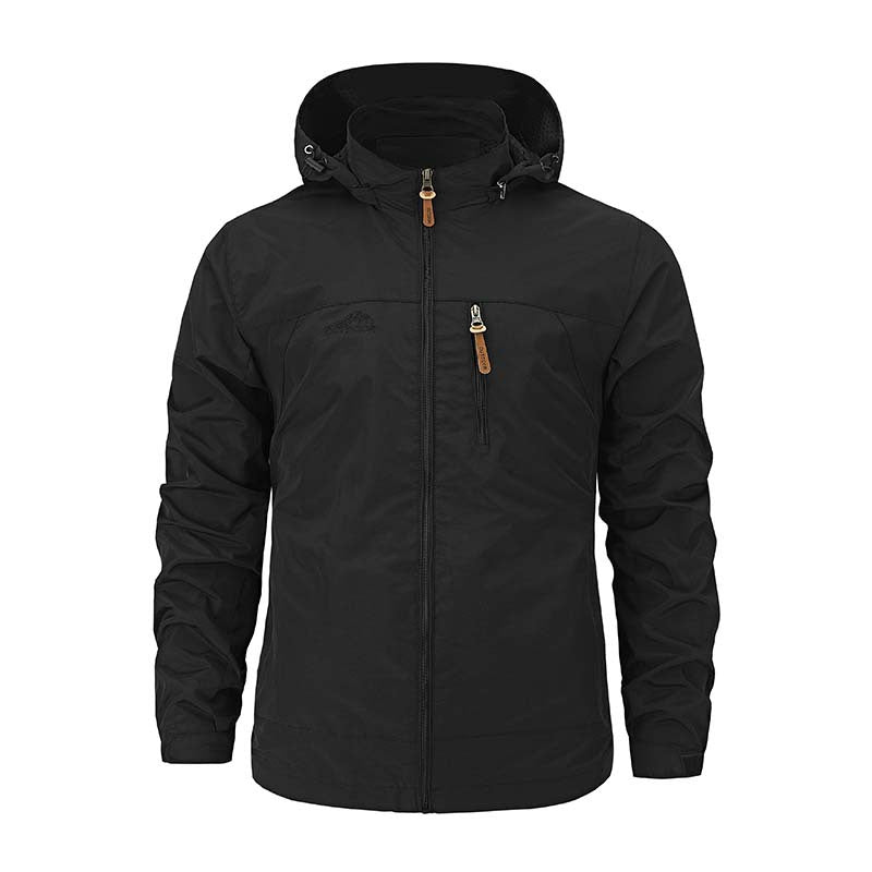 Men's Multifunctional Softshell Outdoor Jacket with Hood, Chest Zipper, and Breathable Lining Chichicherry