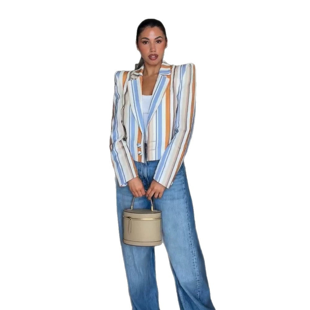 Women's Striped Cropped Blazer with Sculpted Shoulder Chichicherry