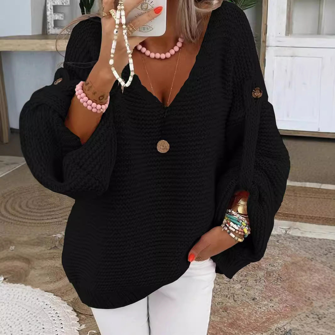 Women loose knit sweater with V-neck, balloon sleeves and button detail Chichicherry