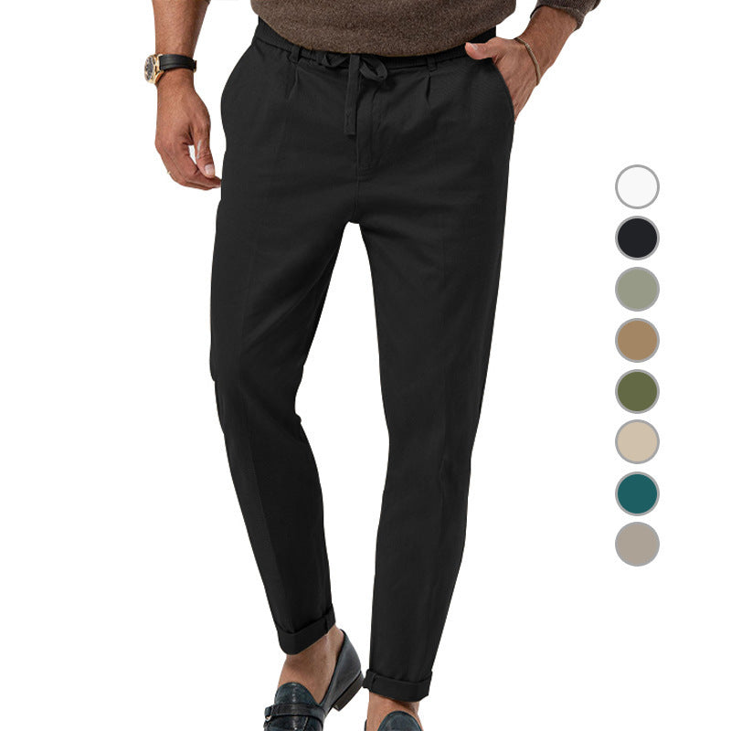 Men's Tapered Linen-Cotton Pants with Elastic Waistband, Drawstring and Cuffs Chichicherry