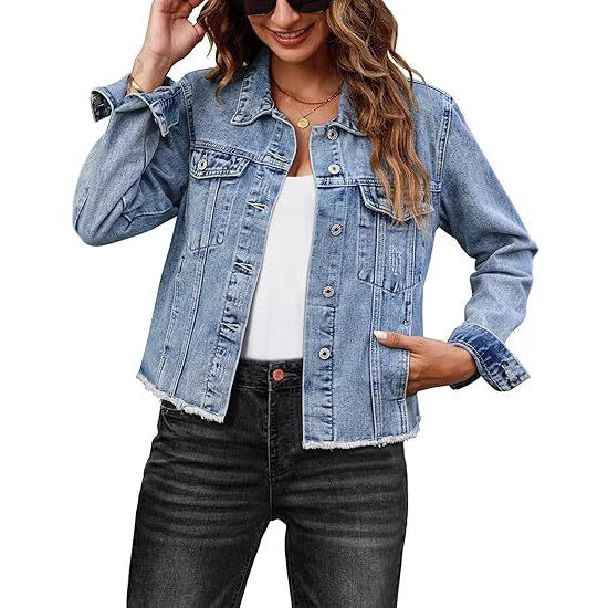 Women Short Cut Denim Jacket with Frayed Hem and Chest Pockets Chichicherry