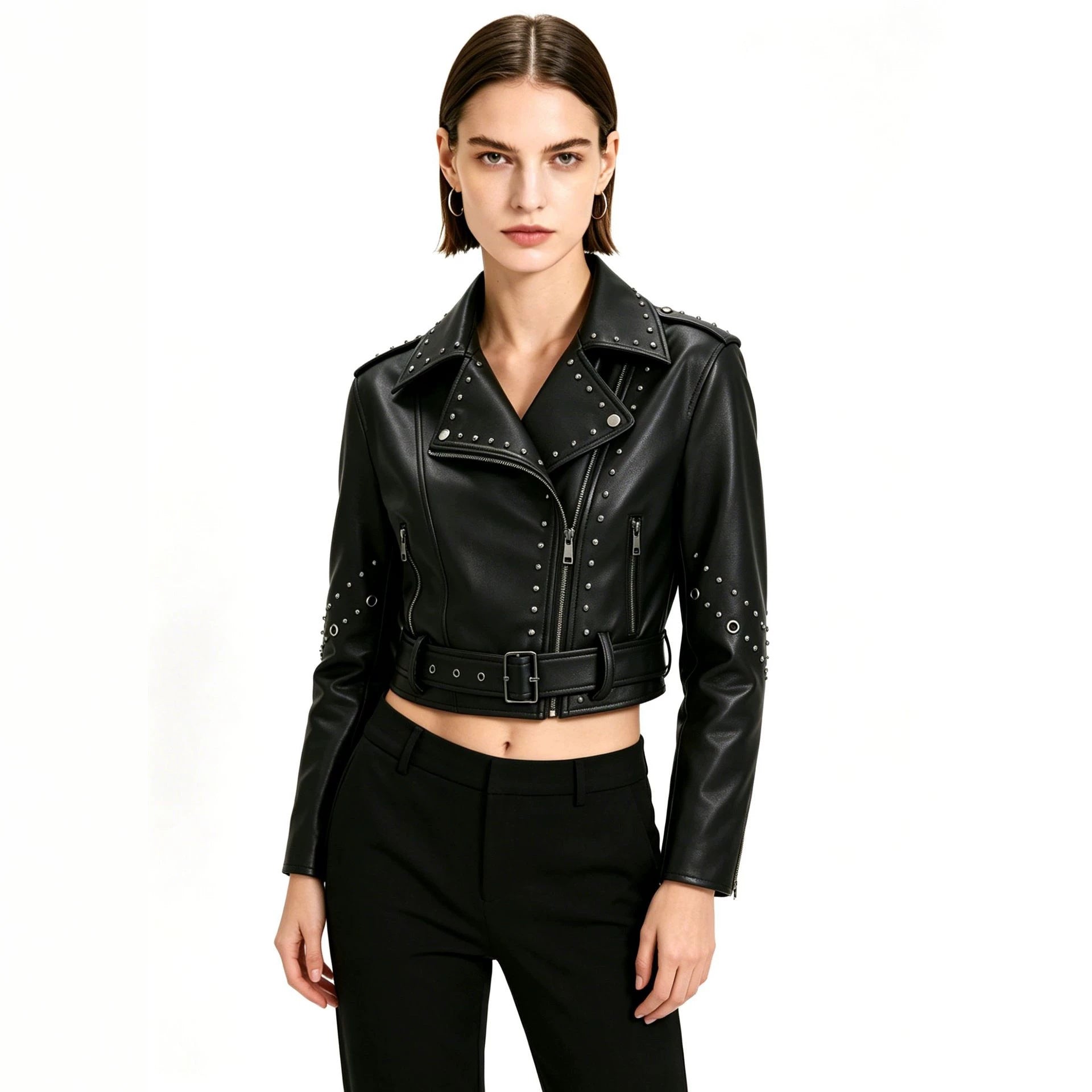 Women Cropped Studded Biker Jacket with Waist Belt Chichicherry