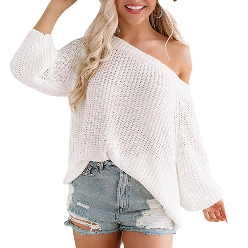 Women's Oversize Knit Sweater with Off-Shoulder Lace Pattern and Wide Hem Chichicherry