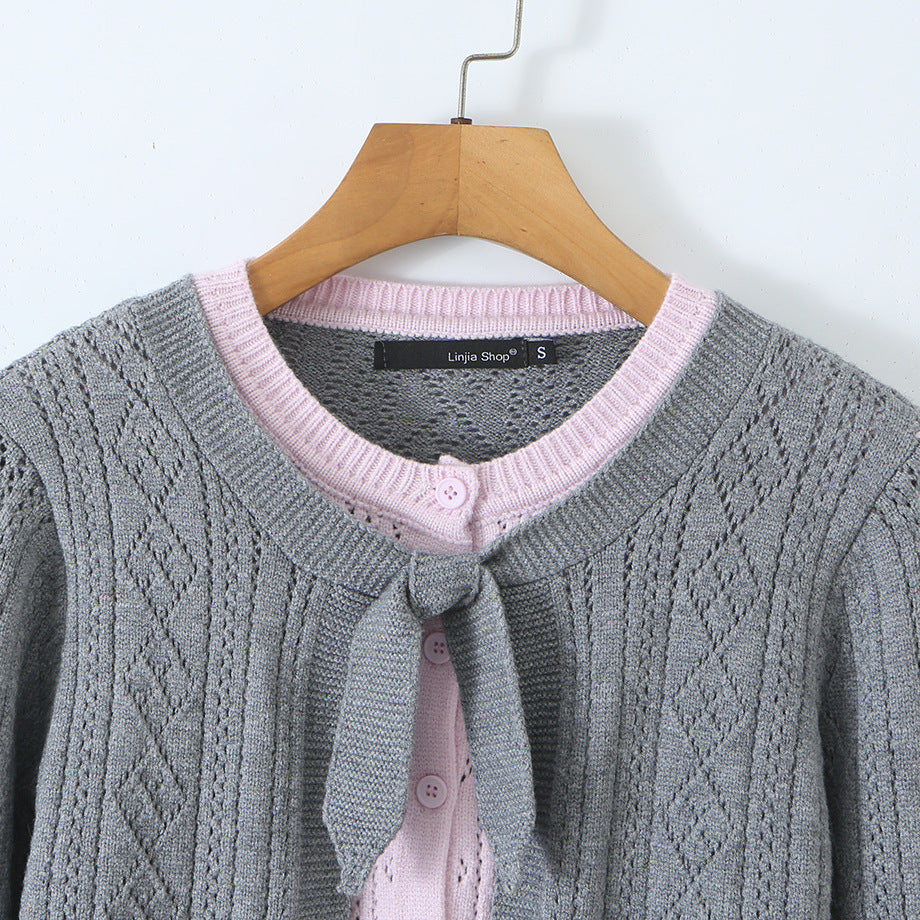 Women Fine Knit Two-Piece Cardigan with Bow Collar and Decorative Waistcoat Chichicherry